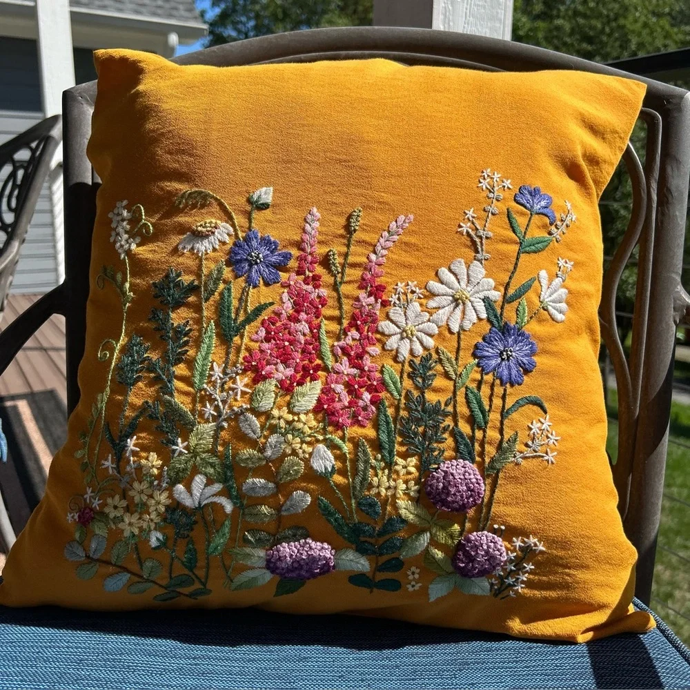 Handmade Floral Embroidered Marigold Colored 18” x 18” Decorative Pillow